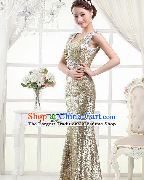 Top Stage Show Chorus Costumes Catwalks Compere Light Golden Paillette Full Dress for Women