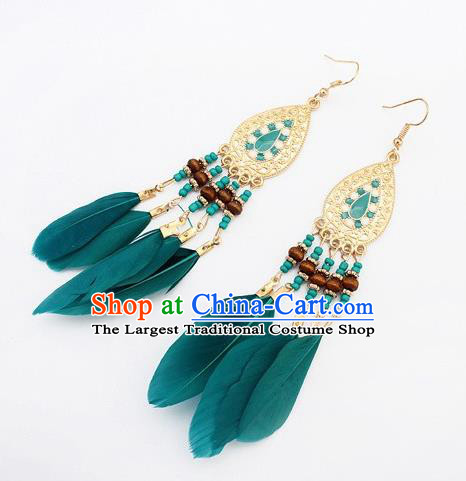 Handmade Bohemian Green Feather Earrings Stage Show Dance Ear Accessories for Women