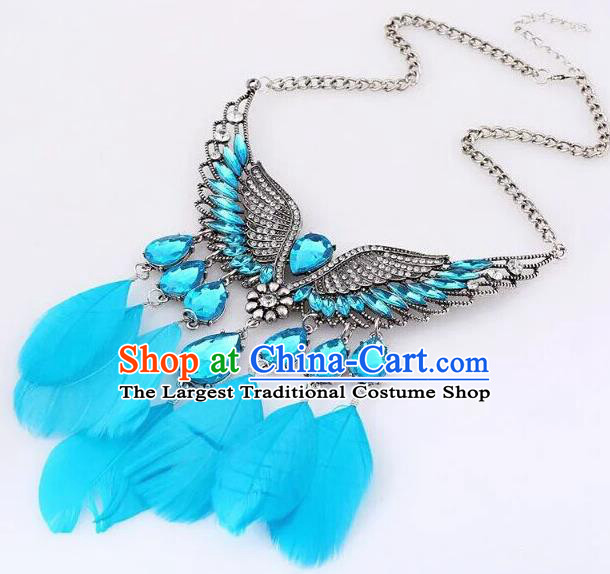 Handmade Baroque Blue Feather Necklace Stage Show Dance Necklet Accessories for Women