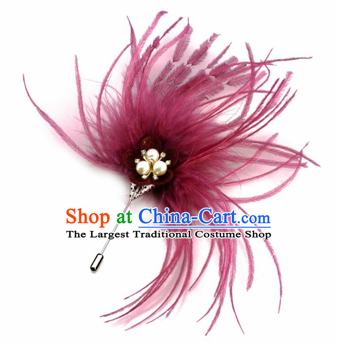 Handmade Breastpin Accessories Stage Show Wine Red Feather Brooch for Women