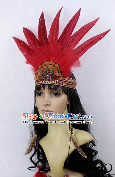 Top Halloween Apache Knight Red Feather Hair Clasp Carnival Catwalks Primitive Tribe Headwear