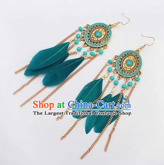 Handmade Stage Show Green Feather Earrings Halloween Dance Ear Accessories for Women