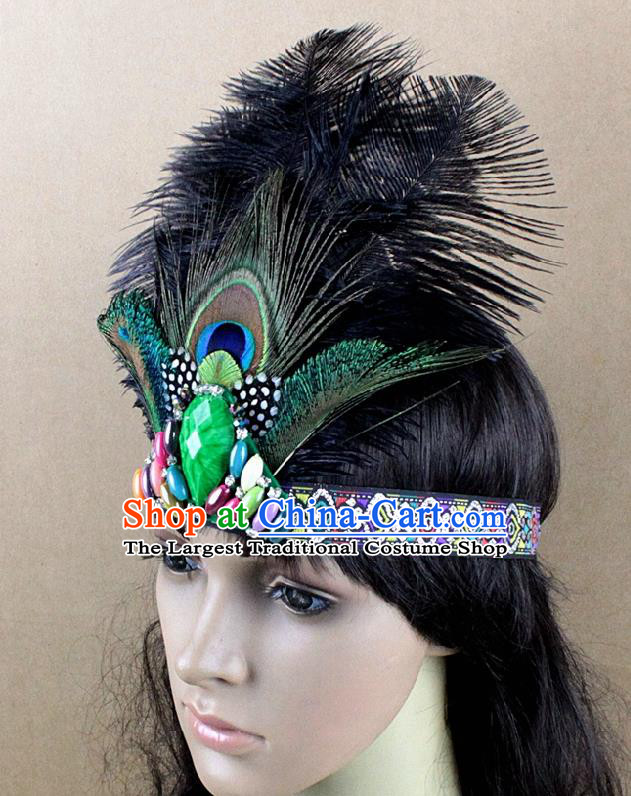 Top Rio Carnival Dance Black Feather Hair Accessories Primitive Tribe Apache Knight Headwear for Adults