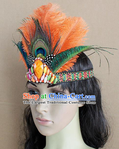 Top Rio Carnival Dance Orange Feather Hair Accessories Primitive Tribe Apache Knight Headwear for Adults