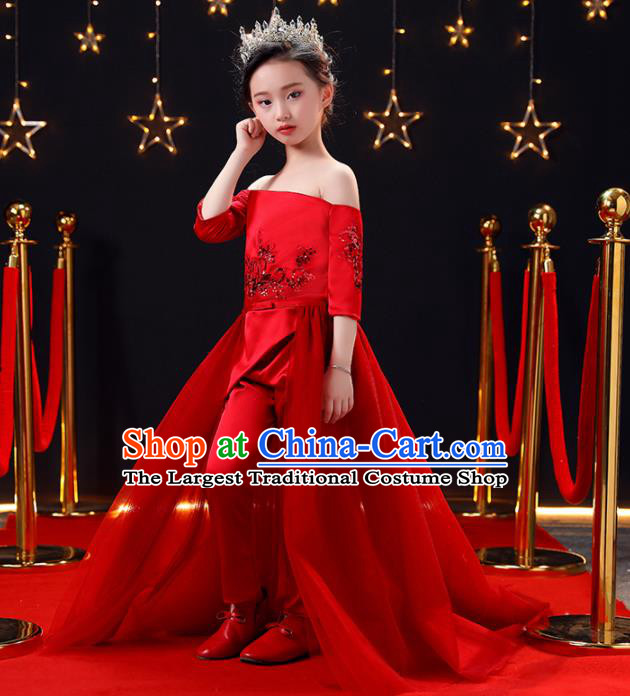 Top Modern Dance Costume Children Opening Dance Compere Performance Red Full Dress for Girls Kids