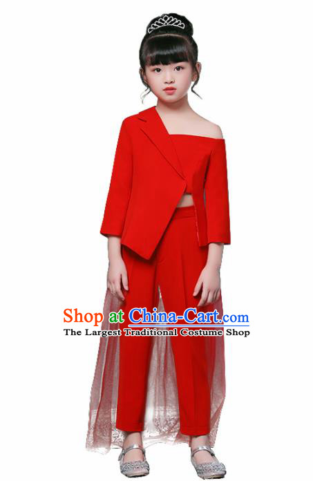 Children Modern Dance Costume Opening Dance Compere Catwalks Performance Red Suits for Girls Kids