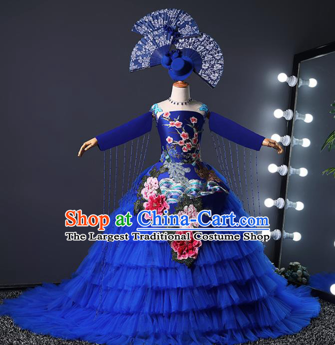 Children Modern Dance Costume Opening Dance Compere Catwalks Royalblue Veil Trailing Dress for Girls Kids