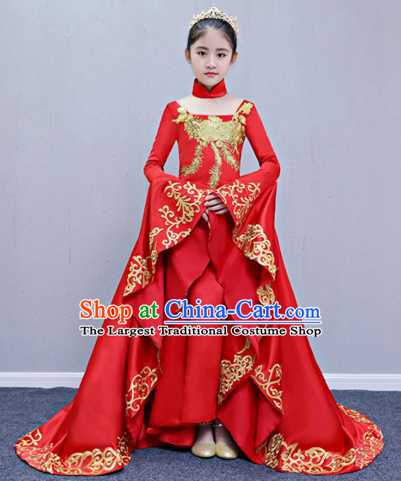 Children Modern Dance Costume Compere Halloween Catwalks Red Trailing Full Dress for Kids