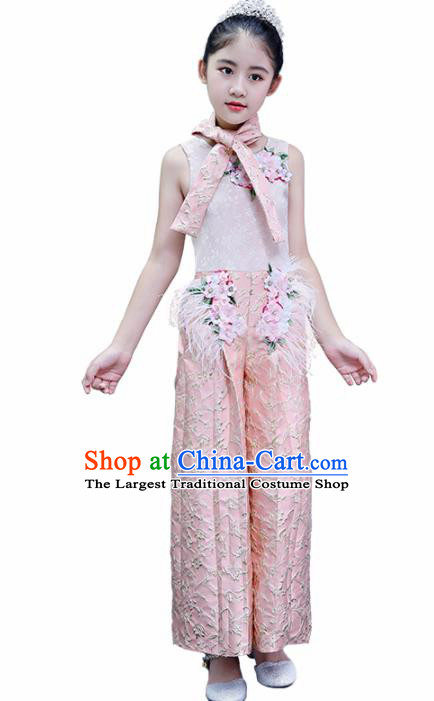 Children Modern Dance Costume Court Dance Compere Pink Clothing for Girls Kids