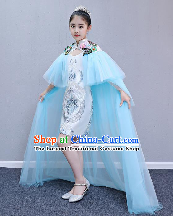 Children Modern Dance Costume Court Dance Compere Blue Veil Full Dress for Girls Kids