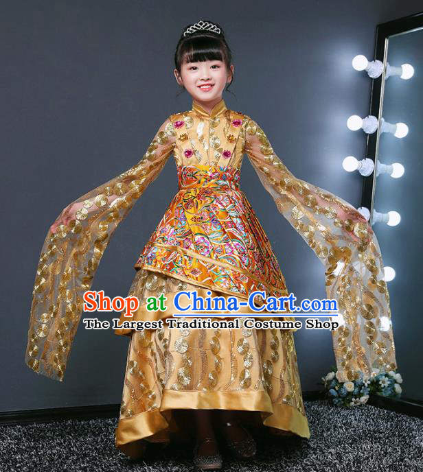 Children Modern Dance Costume Opening Dance Compere Catwalks Performance Golden Full Dress for Girls Kids