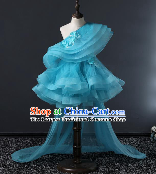 Children Modern Dance Costume Stage Performance Compere Blue Veil Trailing Full Dress for Girls Kids