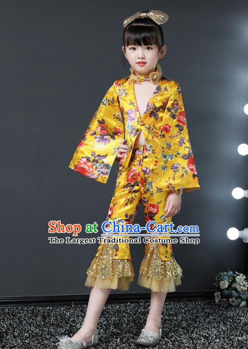 Children Modern Dance Costume Stage Performance Compere Yellow Suits for Girls Kids