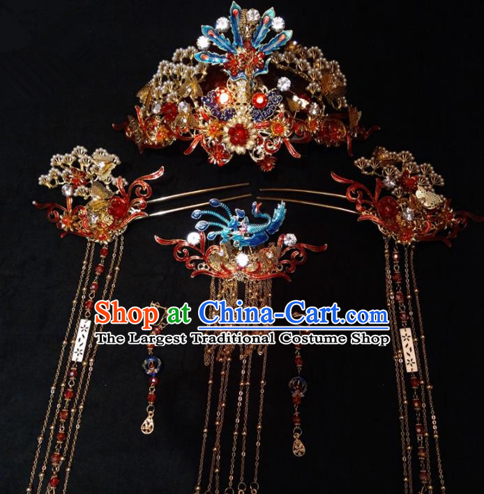 Top Chinese Traditional Wedding Blueing Phoenix Coronet Classical Hairpins Headdress for Women