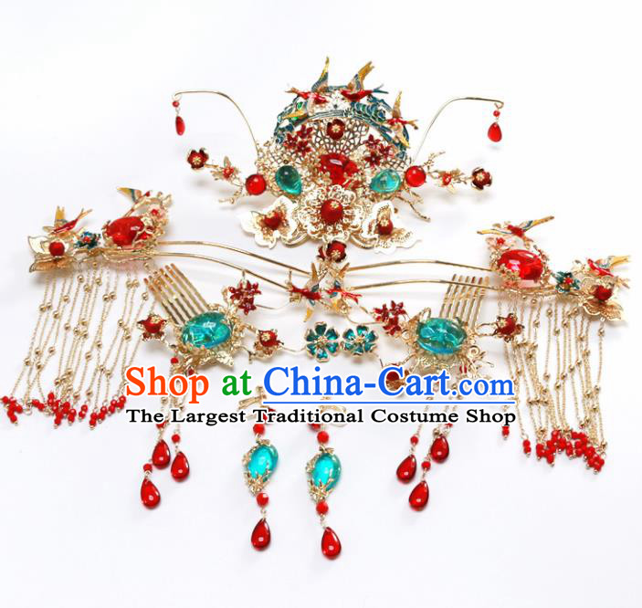 Top Chinese Traditional Wedding Hair Accessories Ancient Blueing Jewel Phoenix Coronet Hairpins Complete Set for Women