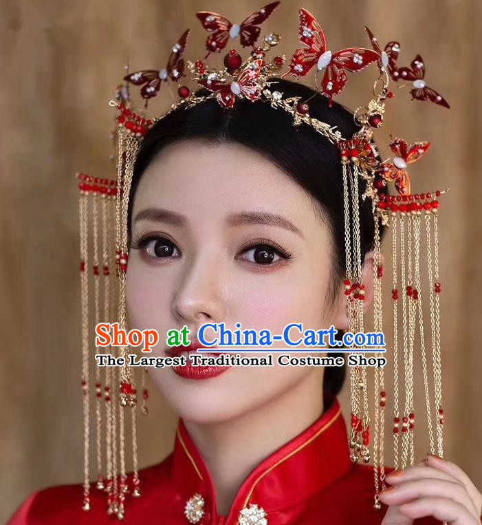 Top Chinese Traditional Wedding Red Butterfly Phoenix Coronet Hair Accessories Ancient Palace Hairpins Complete Set for Women