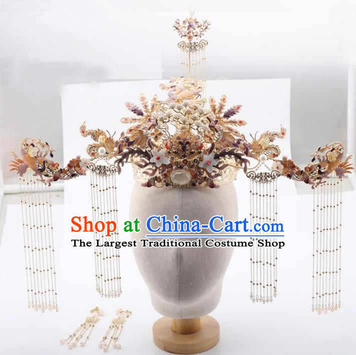 Top Chinese Traditional Hair Accessories Ancient Wedding Golden Phoenix Coronet Palace Hairpins Complete Set for Women