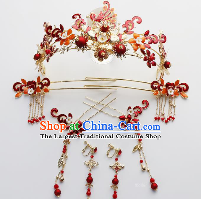 Top Chinese Traditional Wedding Hair Accessories Ancient Red Phoenix Coronet Hairpins Complete Set for Women