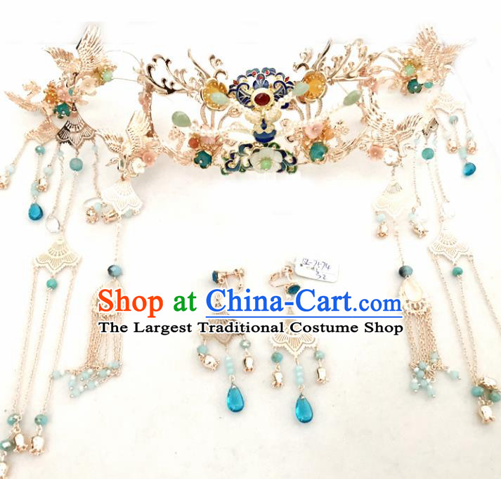 Top Chinese Traditional Wedding Hair Accessories Ancient Blueing Phoenix Coronet Hairpins Complete Set for Women