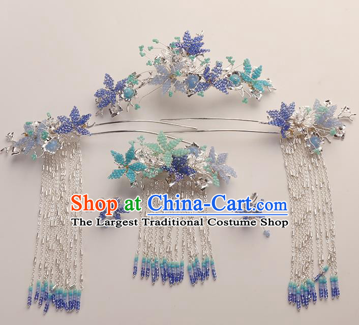 Top Chinese Traditional Hair Accessories Ancient Classical Blue Beads Palace Hairpins Complete Set for Women