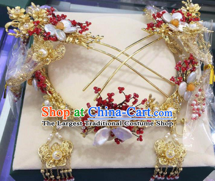 Top Chinese Traditional Wedding Hair Accessories Ancient Palace Golden Phoenix Coronet Hairpins Complete Set for Women