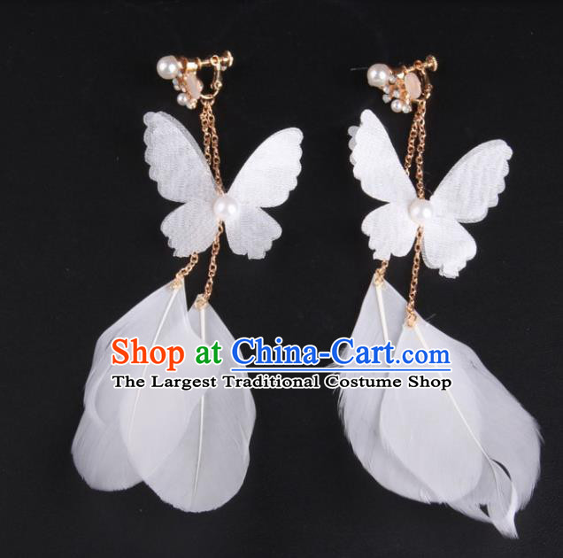 Top Grade Gothic Ear Accessories Catwalks White Feather Butterfly Earrings for Women