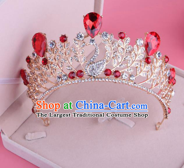 Top Grade Baroque Hair Accessories Catwalks Princess Red Crystal Swan Royal Crown for Women