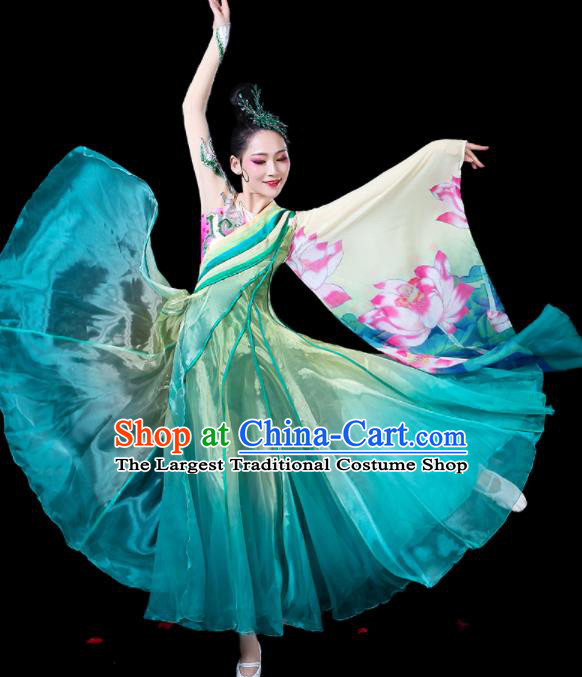 Chinese Traditional Classical Dance Costumes Fan Dance Printing Lotus Green Dress for Women