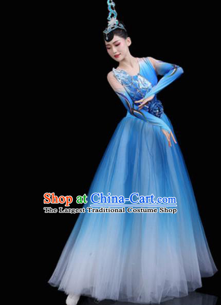 Top Grade Chorus Stage Show Costumes Group Dance Modern Dance Blue Dress for Women