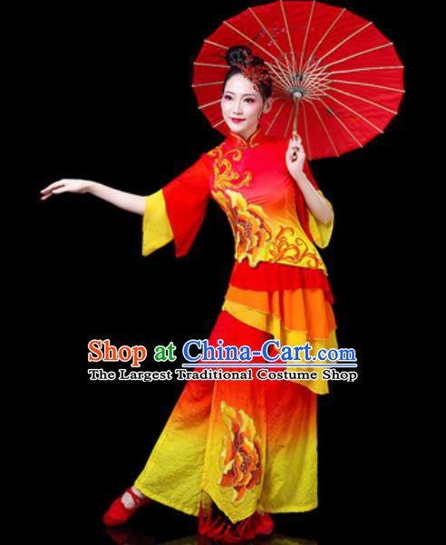 Chinese Traditional Folk Dance Costumes Fan Dance Yangko Group Dance Red Dress for Women