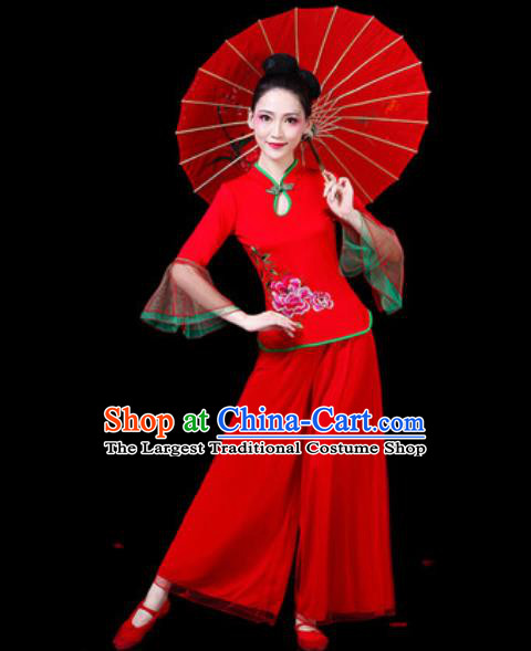 Chinese Traditional Folk Dance Costumes Fan Dance Yangko Drum Dance Red Mandarin Sleeve Clothing for Women