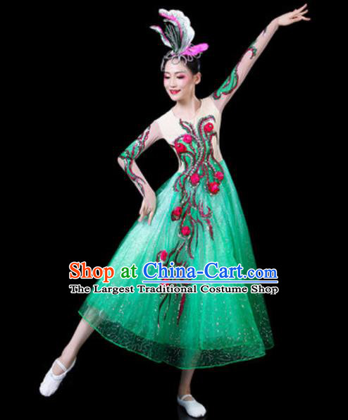 Top Grade Stage Show Chorus Costumes Modern Dance Group Dance Green Dress for Women