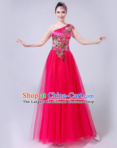 Top Grade Stage Show Chorus Costumes Modern Dance Embroidered Peony Rosy Long Dress for Women