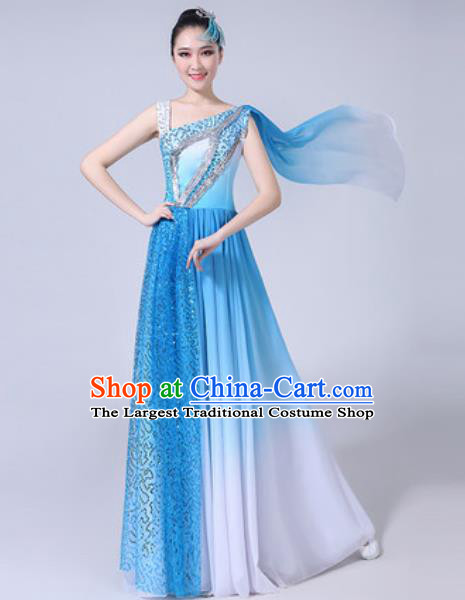 Top Grade Stage Show Costumes Modern Dance Chorus Group Blue Long Dress for Women