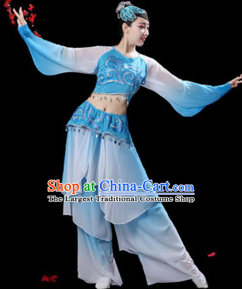 Chinese Classical Dance Umbrella Dance Blue Dress Traditional Fan Dance Costumes for Women