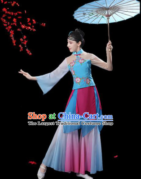 Chinese Classical Dance Blue Dress Traditional Umbrella Dance Fan Dance Costumes for Women