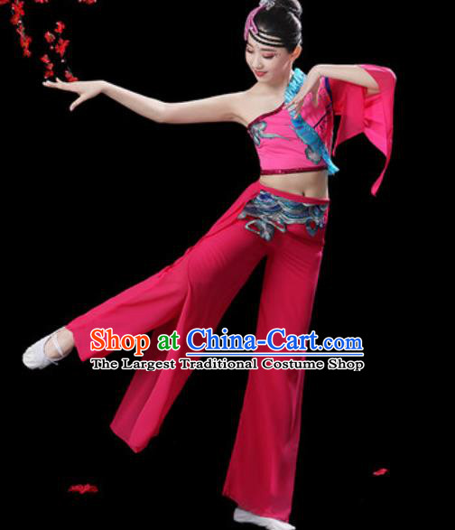 Traditional Chinese Folk Dance Single Sleeve Costumes Fan Dance Yangko Dance Pink Clothing for Women