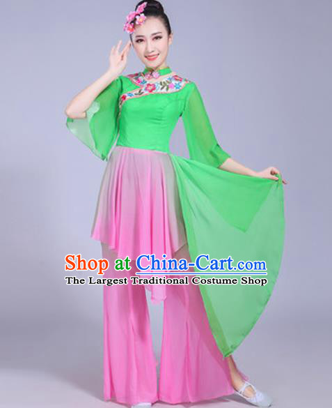 Chinese Traditional Yangko Dance Printing Cranes Costumes Folk Dance Fan Dance Green Clothing for Women