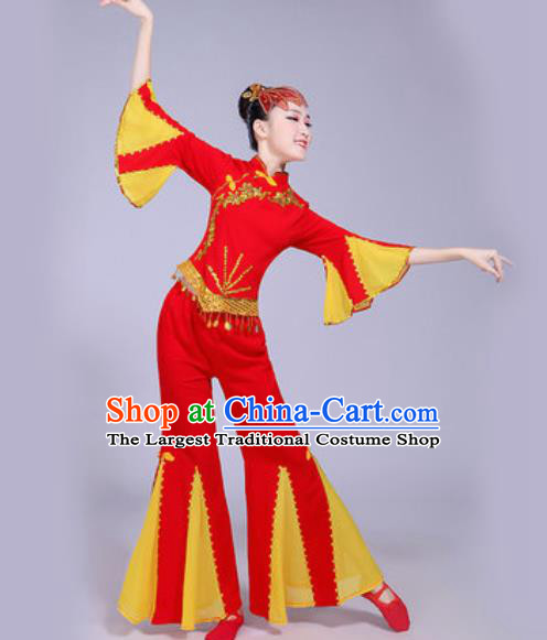 Chinese Traditional Yangko Dance Fan Dance Red Costumes Folk Dance Clothing for Women