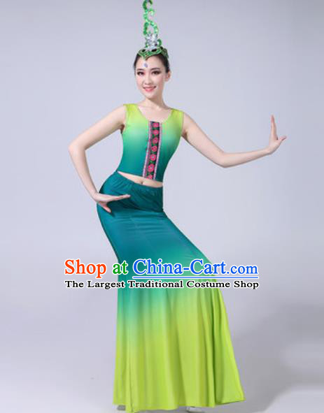 Chinese Ethnic Costumes Traditional Dai Nationality Peacock Dance Folk Dance Gradient Green Dress for Women