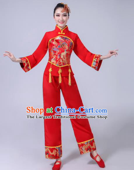 Traditional Chinese Folk Dance Red Costumes Fan Dance Yangko Dance Clothing for Women