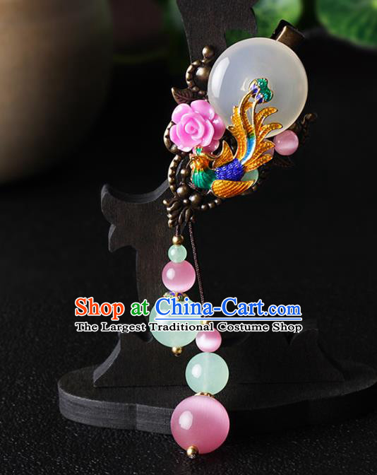 Chinese Traditional Hair Accessories National Hanfu Blueing Phoenix Tassel Jade Hair Stick for Women