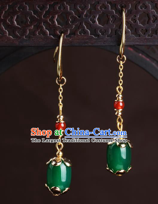 Chinese National Hanfu Classical Green Agate Earrings Traditional Ear Jewelry Accessories for Women