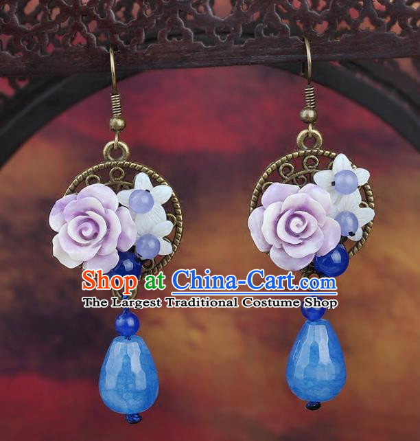 Chinese Yunnan National Classical Blue Chalcedony Earrings Traditional Ear Jewelry Accessories for Women