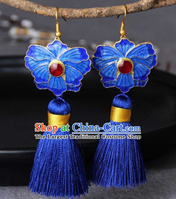 Chinese Yunnan National Classical Blueing Lotus Tassel Earrings Traditional Hanfu Ear Jewelry Accessories for Women