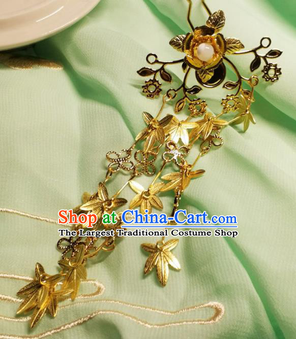 Handmade Chinese Traditional Golden Leaf Tassel Hairpins Ancient Classical Hanfu Hair Accessories for Women