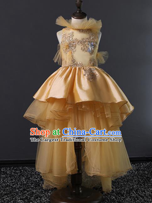 Children Modern Dance Costume Stage Performance Princess Compere Golden Full Dress for Girls Kids