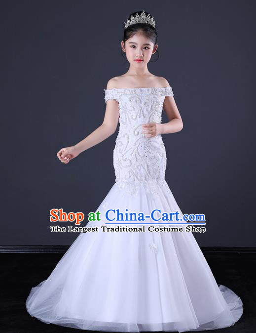 Children Stage Performance Catwalks Costume Ballroom Dance Compere White Full Dress for Girls Kids