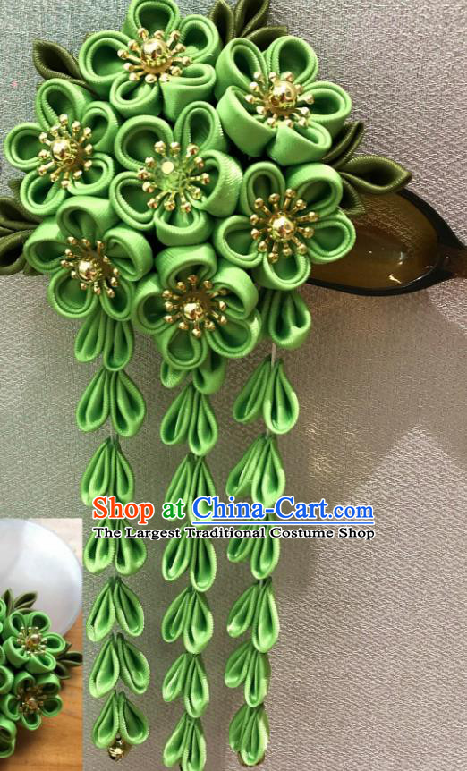 Japanese Traditional Handmade Green Flowers Tassel Hairpins Asian Japan Classical Kimono Hair Accessories for Women