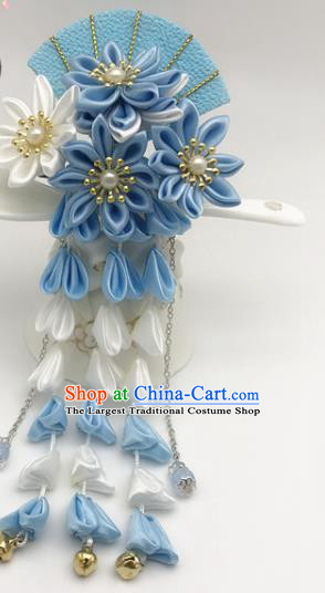 Asian Japanese Traditional Handmade Blue Fan Hairpins Japan Classical Kimono Hair Accessories for Women